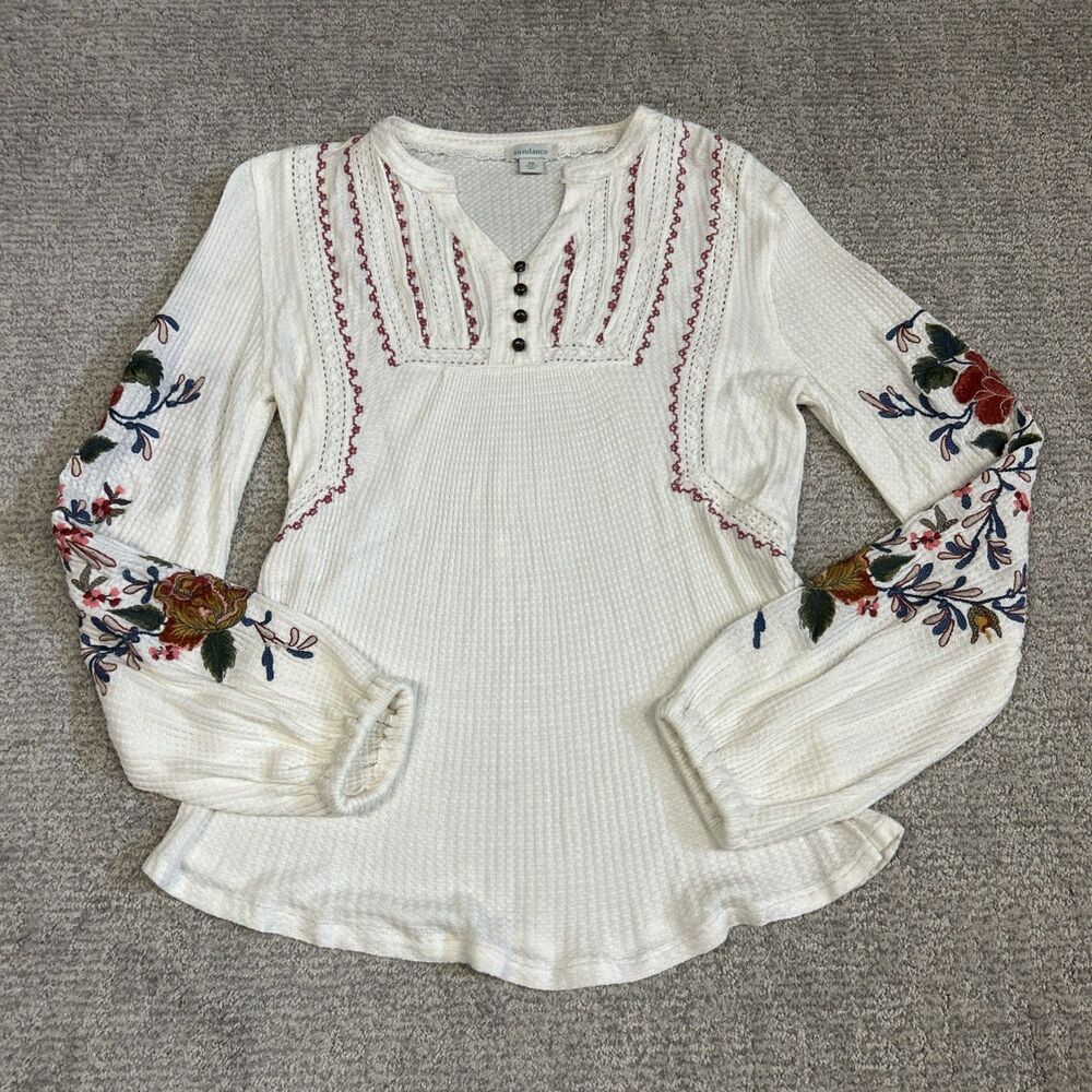 Sundance Embroidered Waffle Knit Top Women XS White Thermal Festival Boho Floral